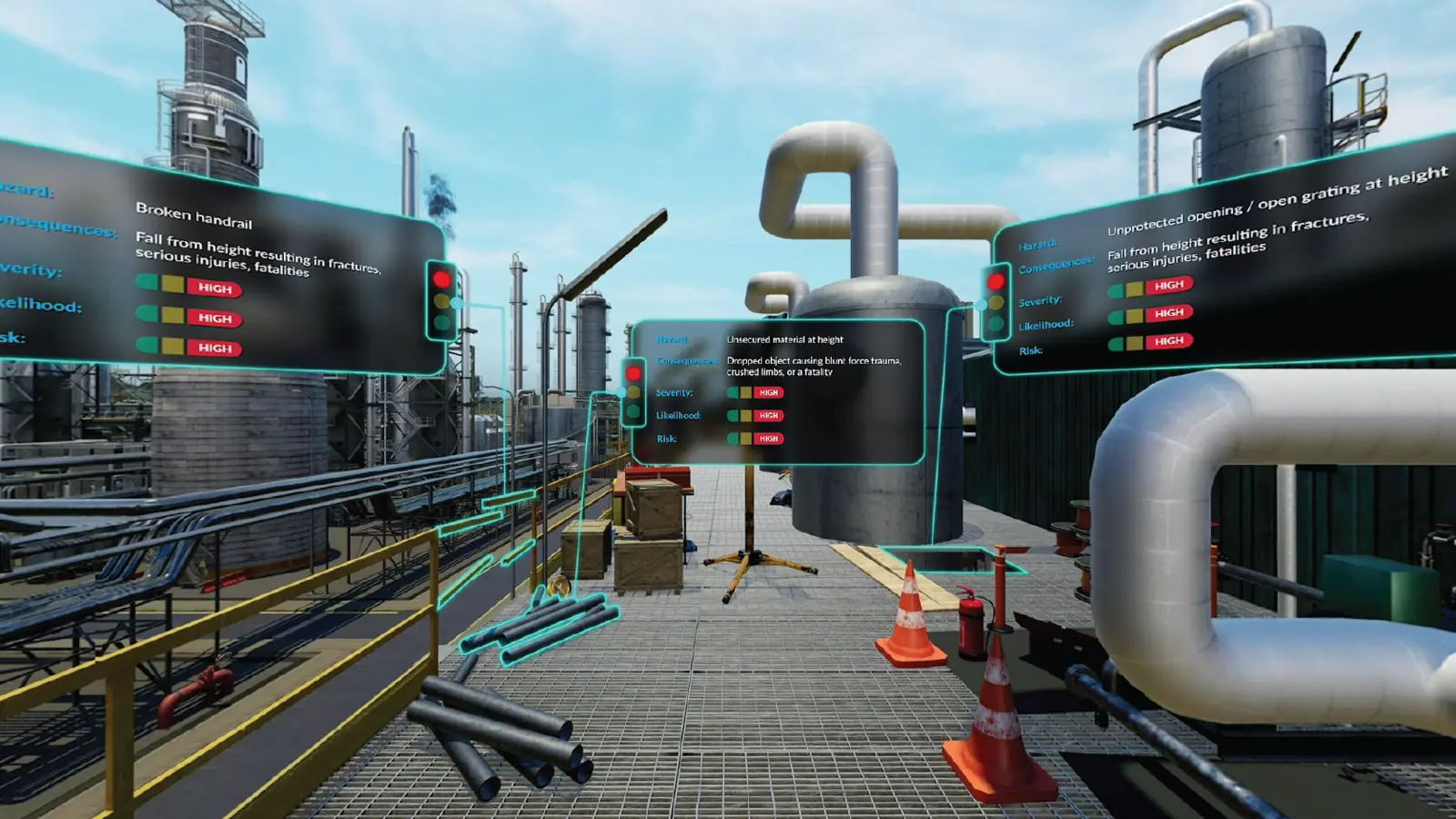 360° industrial plant scene with multiple hazard identification overlays