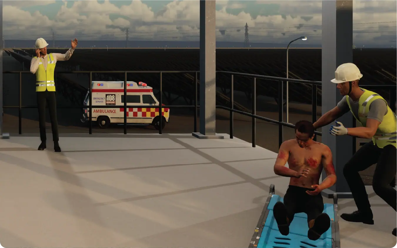 VR incident aftermath with injured worker, responder and emergency services
