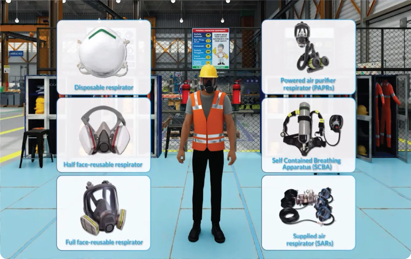 VR screen showing the correct respirator PPE options for the task