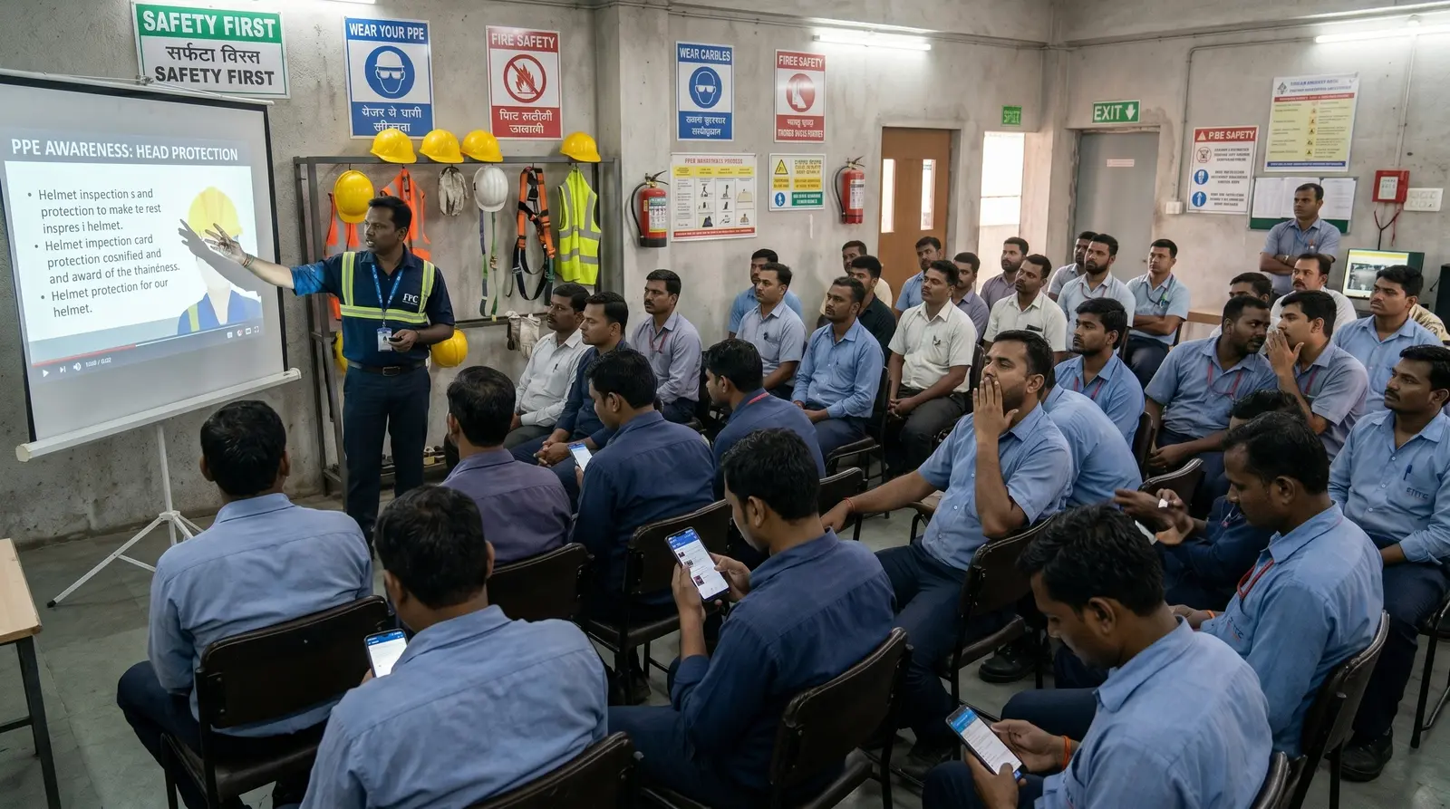 Illustration of workers passively attending a classroom safety presentation